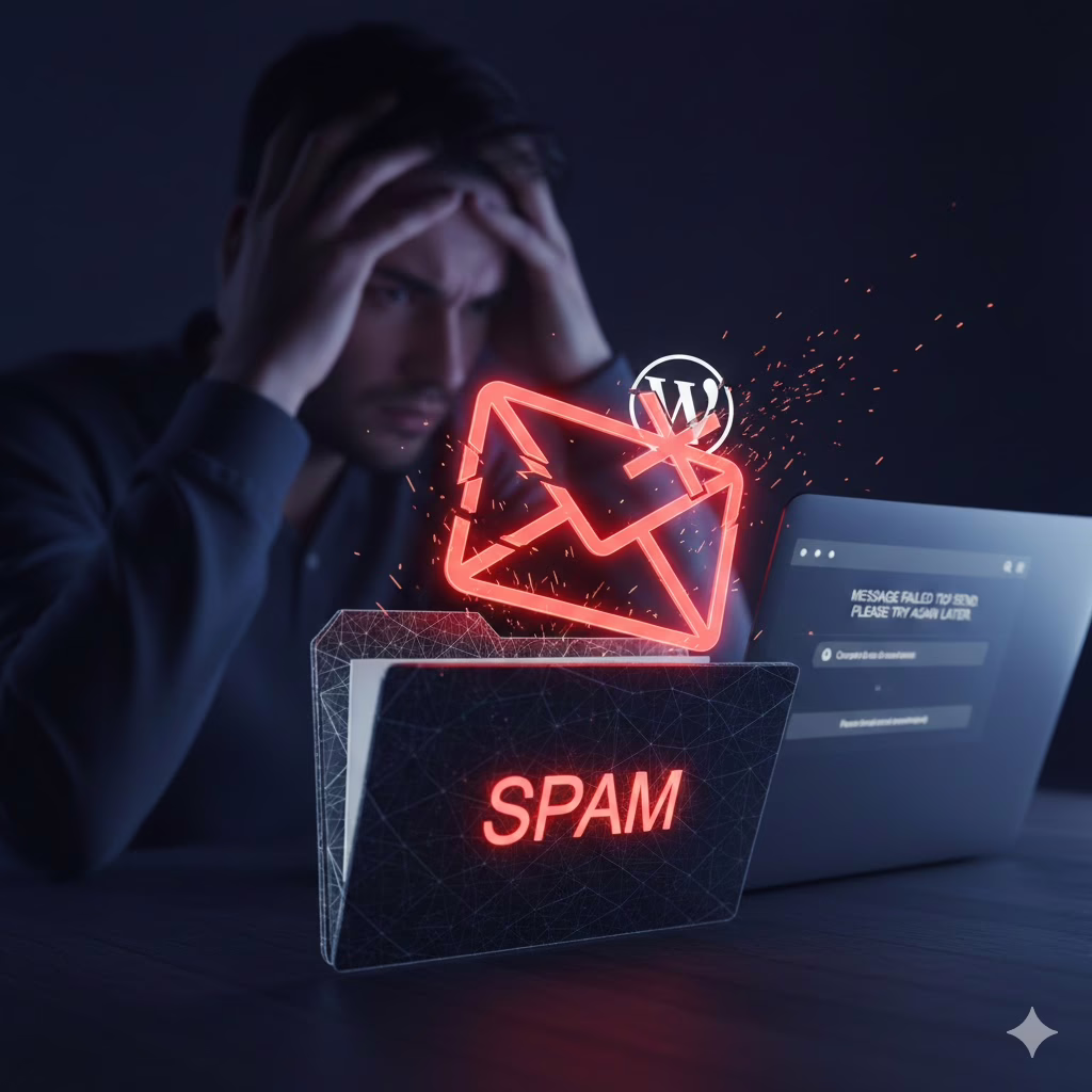 Esempio di email WordPress bloccata dai filtri spam di Gmail e Outlook con icona di errore rossa.